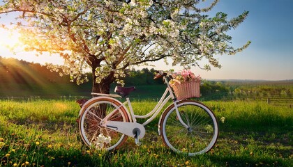 Obraz premium charming bicycle parked blooming tree adorned with flowers basket evokes serene atmosphere