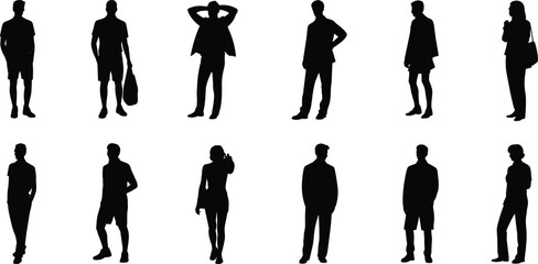 Silhouettes of casual and formal people, standing vector illustration, black figures design, isolated human poses, modern flat character set