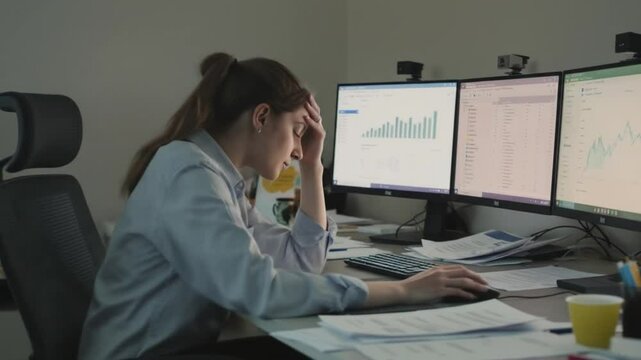 Stressed Young Woman Working on Computer at Desk in Office
