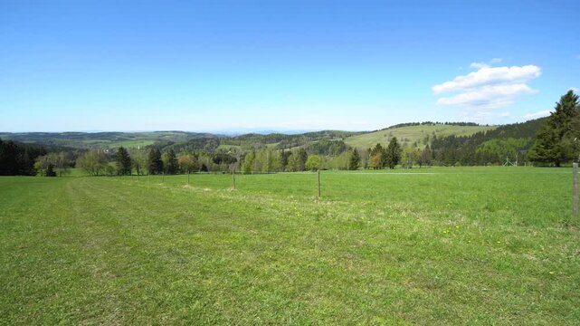 A meadow surrounded by trees and small hills in a vast rural area on a sunny day