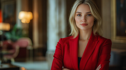 Obraz premium Fashion shoot featuring a 32-year-old American white female model in full-length, wearing a red business jacket, round neck, high resolution, fashionable style. in an expensive hotel