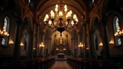 Fototapeta premium A solemn Christian church interior with pews and chandeliers.