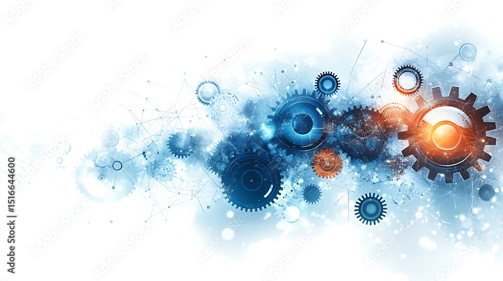 Poster abstract image of interconnected gears with a blue and orange gradient