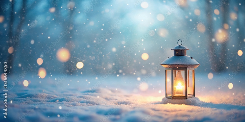 Poster a glowing lantern sits in a snowy landscape, illuminated by soft winter lights, creating a serene an