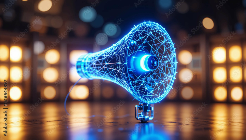 Poster futuristic megaphone showcases technology integration with a glowing digital network design and a hi