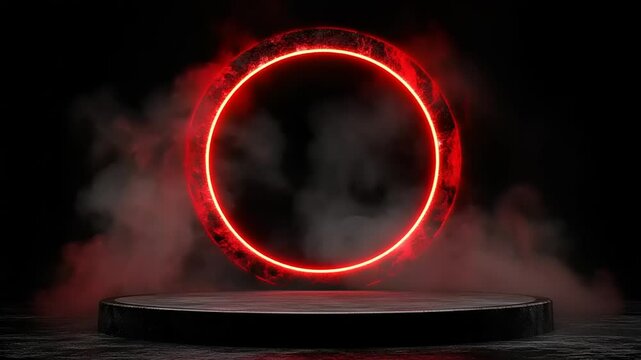 Neon red circle ring on dark platform with smoke