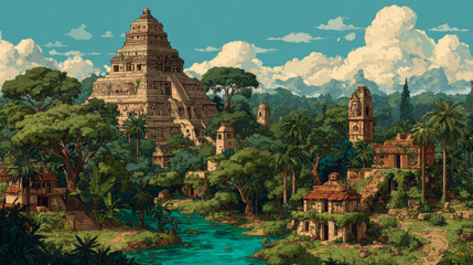 Ancient ruins of aztec temple, statues and pyramid. Vector cartoon illustration of summer landscape with tropical forest and abandoned village of mesoamerican mayan civilization