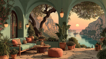 Terrace with mountain lake view at sunset. Scenery landscape view from villa or hotel patio with sofa, ottoman and table stand on wooden platform with nature background, Cartoon vector illustration