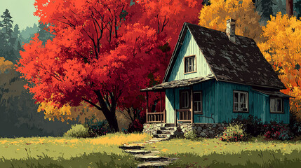 House in autumn forest landscape cartoon vector scene. Fall fairy tale beautiful garden illustration with cabin home near tree. Rural building exterior on lawn outdoor horizontal panorama environment