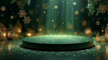 Green winter scene with circular podium display - sparkling snowflakes with illuminated crystal decorations floating on dark emerald background. Christmas holiday or seasonal product showcase.