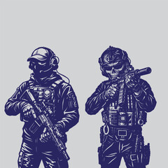 vector silhouette illustration of tactical army force with gun and armor