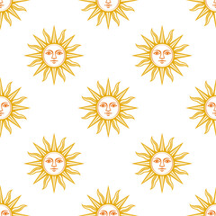 Seamless pattern featuring sun motifs with detailed faces in golden hues on a white background for a bright and cheerful design