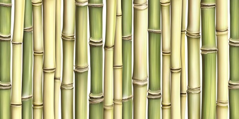 Close-up view of many tall bamboo stalks, alternating light and dark green hues