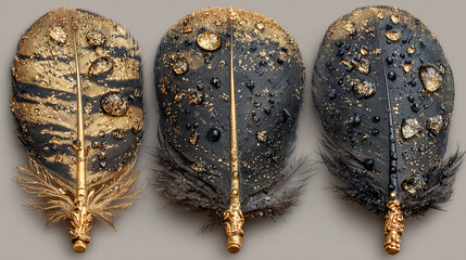 Black feathers with gold glitter isolated on transparent background. Vector realistic set of golden colored bird or angel quills, soft fluffy plumes with yellow sparkles