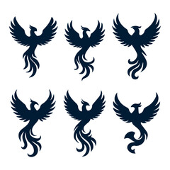 Set of Unique Phoenix Silhouettes – Mythical Bird Vector Icons Isolated on White Background