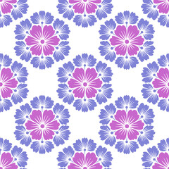 Seamless floral pattern inspired by folk art designs featuring flowers and silhouettes in vibrant purple and blue tones