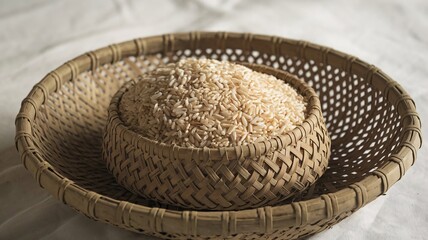 a flat winnowing basket filled with dry rice. 