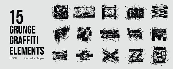 Grunge Graffiti Halftone Texture Elements Set Abstract Geometric Shapes. Ink Spray Horror Borders. Glitch Distortion.  Noise Overlay And Distressed Vector Effects