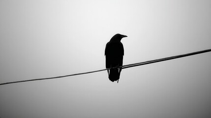 Silhouette of a crow perched on a wire.