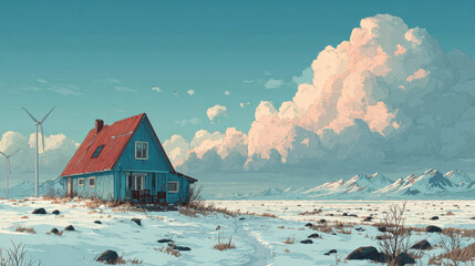 Parallax background winter 2d landscape with house and wind turbines. Cartoon vector scene with separated layers for game animation with Eco friendly home and power generation windmills in snow