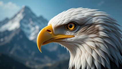 Obraz premium Close-Up Portrait of a Majestic Bald Eagle with Snow-Covered Mountains in the Background