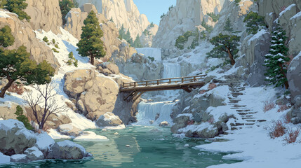 Log bridge at winter mountains above rock cliff. Scenery landscape with frozen waterfall, bare trees and falling snow. Beautiful nature view, beam connect rocky edges, Cartoon vector illustration