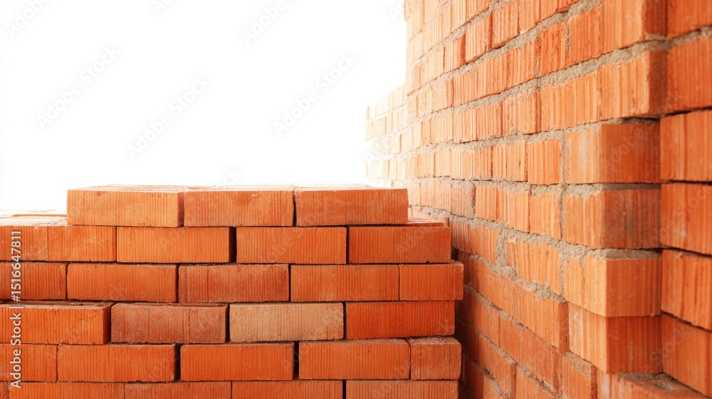 Poster clean image of minimalistic brick wall in construction featuring fresh orange bricks neatly aligned 