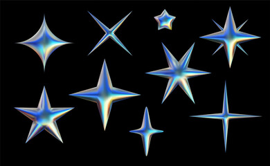 Holographic vector 3d twinkle set. Metal star shape, glossy sparkle bling form collection. Y2k stickers isolated