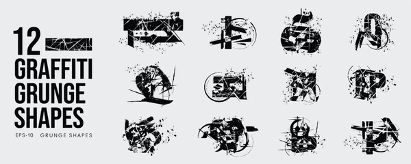 Grunge Graffiti Halftone Texture Elements Set Abstract Geometric Shapes. Ink Spray Horror Borders. Glitch Distortion.  Noise Overlay And Distressed Vector Effects