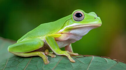 Obraz premium Close-up of a vibrant green tree frog perched on a leaf.