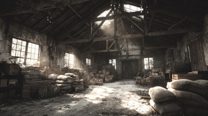Broken and abandoned warehouse room with damaged storage inventory, destroyed wooden containers and carton parcel boxes, garbage and messy, cobwebs and mouse. Cartoon vector closed storage hangar.