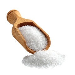 Wooden scoop overflowing with white coarse salt