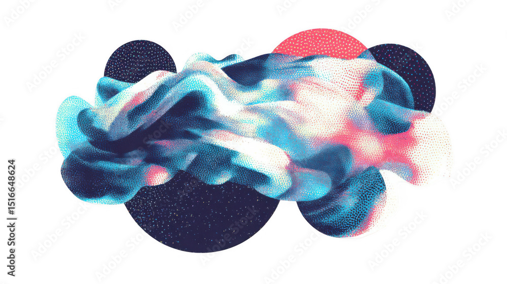 Poster abstract composition featuring a dynamic, morphing organic shape with retro glitch overlays, creatin