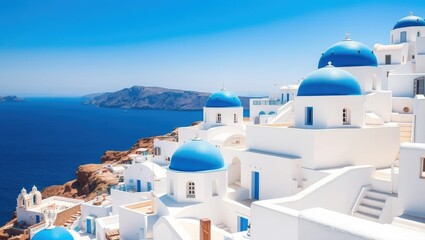 Stunning Whitewashed Buildings with Blue Domes Overlooking the Aegean Sea in Santorini Greece