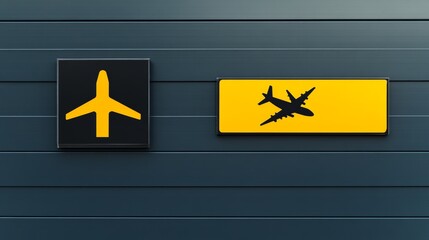 Airport Signs Yellow Plane Icons on Blue Wall, Aviation ,Travel
