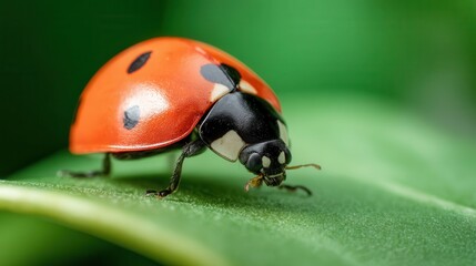 Close-up of a ladybug on a green leaf.