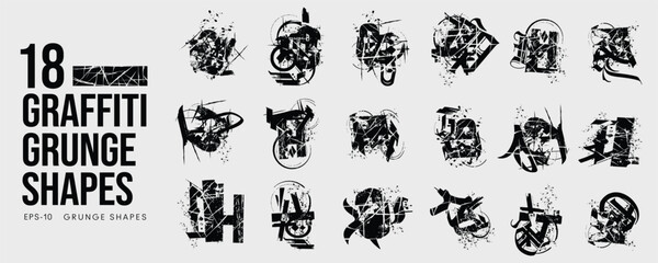 Grunge Graffiti Halftone Texture Elements Set Abstract Geometric Shapes. Ink Spray Horror Borders. Glitch Distortion.  Noise Overlay And Distressed Vector Effects