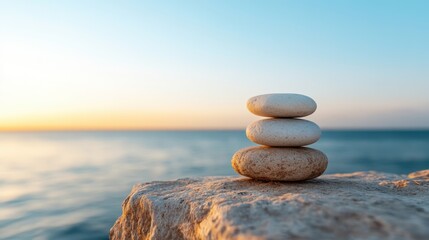 A tranquil scene featuring three expertly balanced stones atop each other against a backdrop of a calm water surface and a beautiful sunset, symbolizing balance and harmony.
