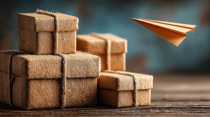 Best post office cartoon landing page. Parcel shipping, fast delivery service. Pile of cardboard boxes lying on shelf and paper airplane flying. Freight and cargo warehouse logistic, Vector web banner