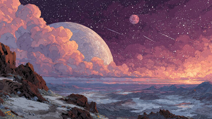 Space landscape cartoon illustration with rocks and craters, large alien planet on horizon. Fantasy scene of mysterious stars, satellite and meteors in purple sky. Astronomy science. Cosmic background