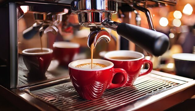 coffee machine preparing fresh coffee and pouring into red cups at restaurant bar or pub details of speciality coffee