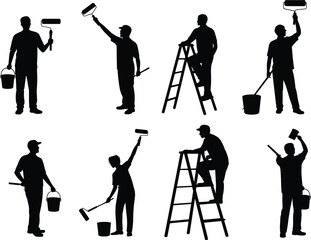Vector painter silhouettes, man holding roller and paint bucket, painting action poses, ladder work, home renovation or construction illustrations © Legend Monir