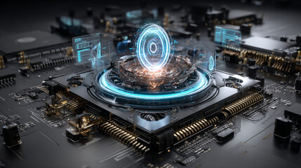 Quantum Computing. Businessman touching icon and exploring the potential of quantum computing for solving complex problems in various industries, enhancing data security through advanced encryption.