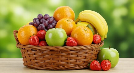 Vibrant Fruit Basket Fresh Oranges, Apples, Bananas, Grapes & Strawberries