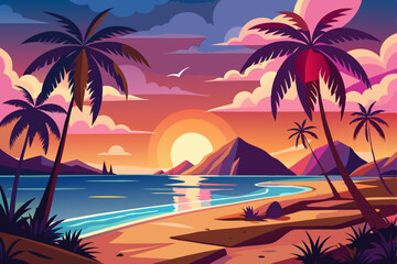 Tropical beach sunset illustration with palm trees and calm sea vibrant colors and a serene relaxing atmosphere for vacation and travel themes