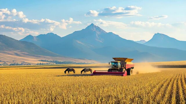 A combine harvester working in a wheat field with majestic mountains in the background.
