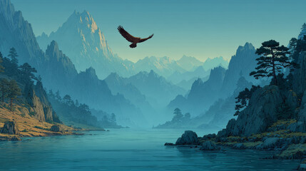 Parallax background black eagle, falcon or hawk flying with outspread wings over mountain lake 2d landscape with separated layers for game, beautiful wild bird in nature, Cartoon vector illustration