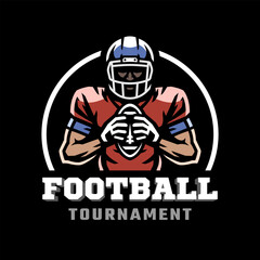 American football player with ball logo, emblem on dark background.