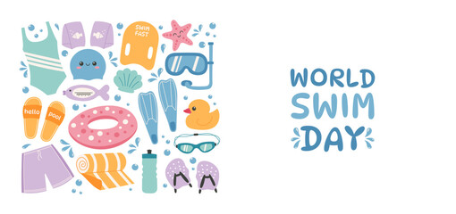 Fun World Swim Day banner with swimwear, flippers, goggles, inflatable ring, beach elements, and sea icons. Flat hand drawn vector illustration