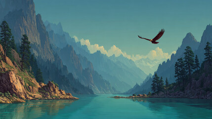 Parallax background black eagle, falcon or hawk flying with outspread wings over mountain lake 2d landscape with separated layers for game, beautiful wild bird in nature, Cartoon vector illustration
